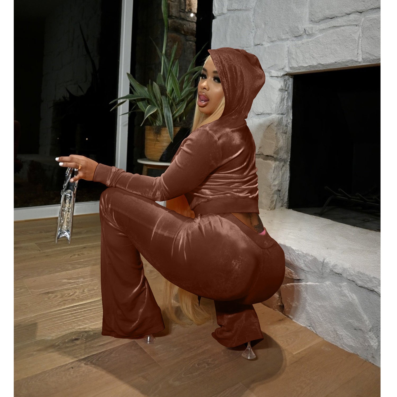 Ladies Hooded Leisure Sports Velvet Suit