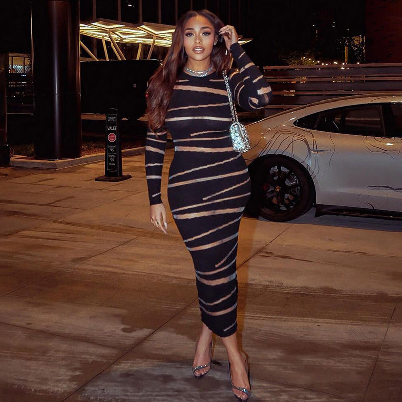 Autumn Mesh Stitching See-through High Waist Sheath Long Dress