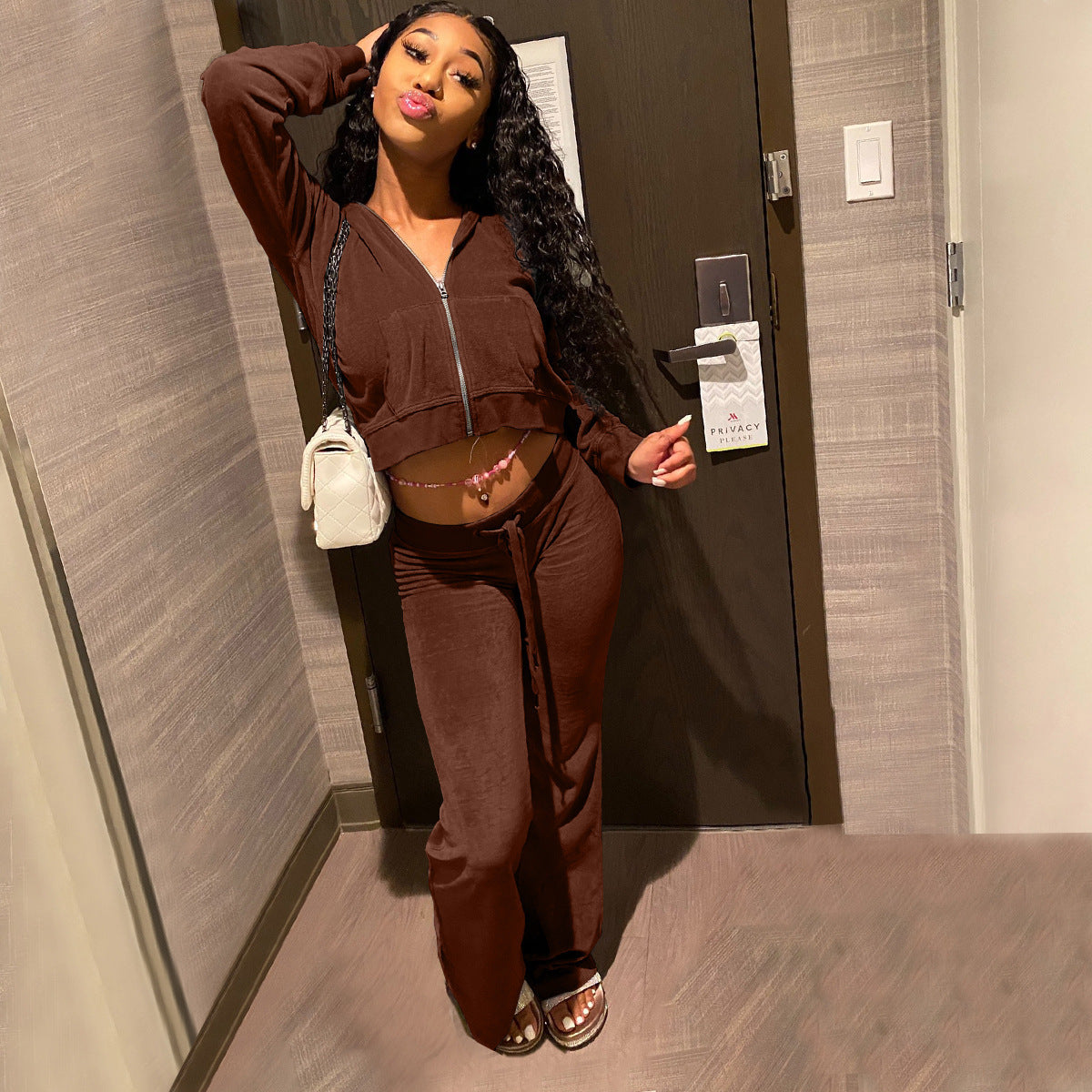 Ladies Hooded Leisure Sports Velvet Suit